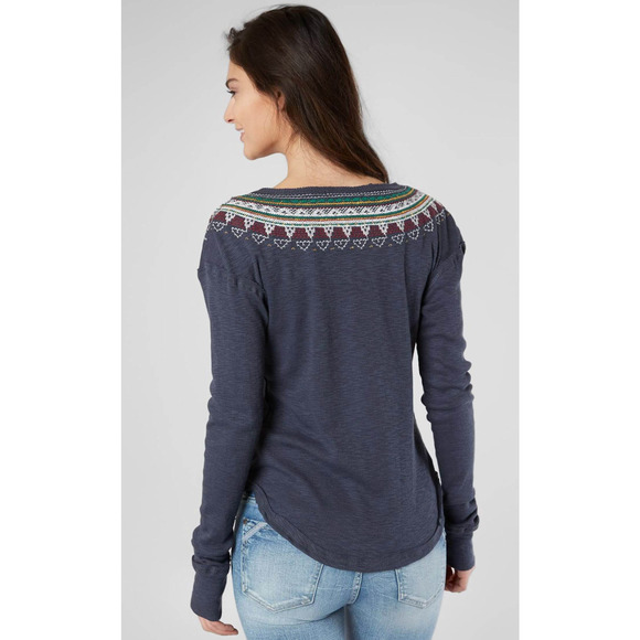 Free People Thermal Top Small Navy Blue Fair Isle Henlet Long Sleeve - Picture 4 of 13
